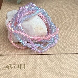 Vintage 90s Avon Aurora Borealis Beaded Crystal Stretch Bracelet Set Fun Pastels